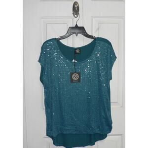 Bobeau Women's Round Neck Short Sleeve Hi-Low Hem Top‎ in Teal Small MSRP $48